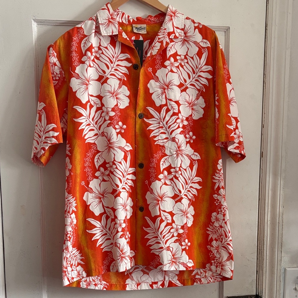 Royal Creations Hawaiian Shirt Orange Floral Aloha Button Up Size large